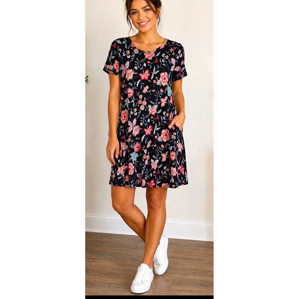 Old Navy Women's Floral Shift Dress Black/Pink Short Sleeve Ruffle Pockets S NWT